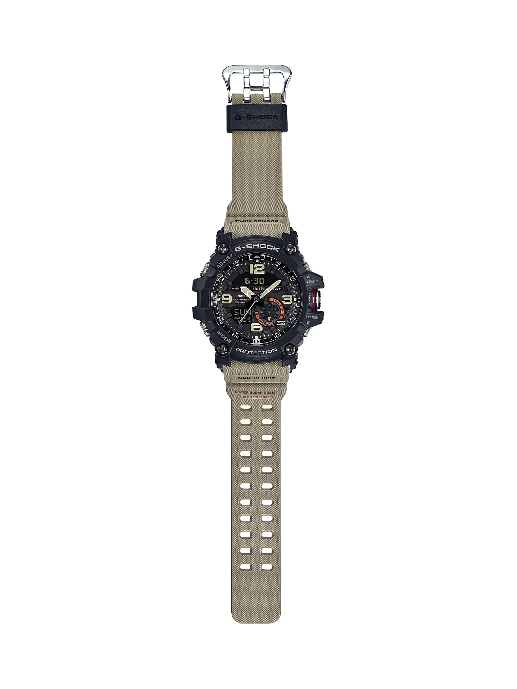 Left. Casio - Men's G-Shock Mudmaster Twin-Sensor Analog-Digital 55mm Watch - Tan.