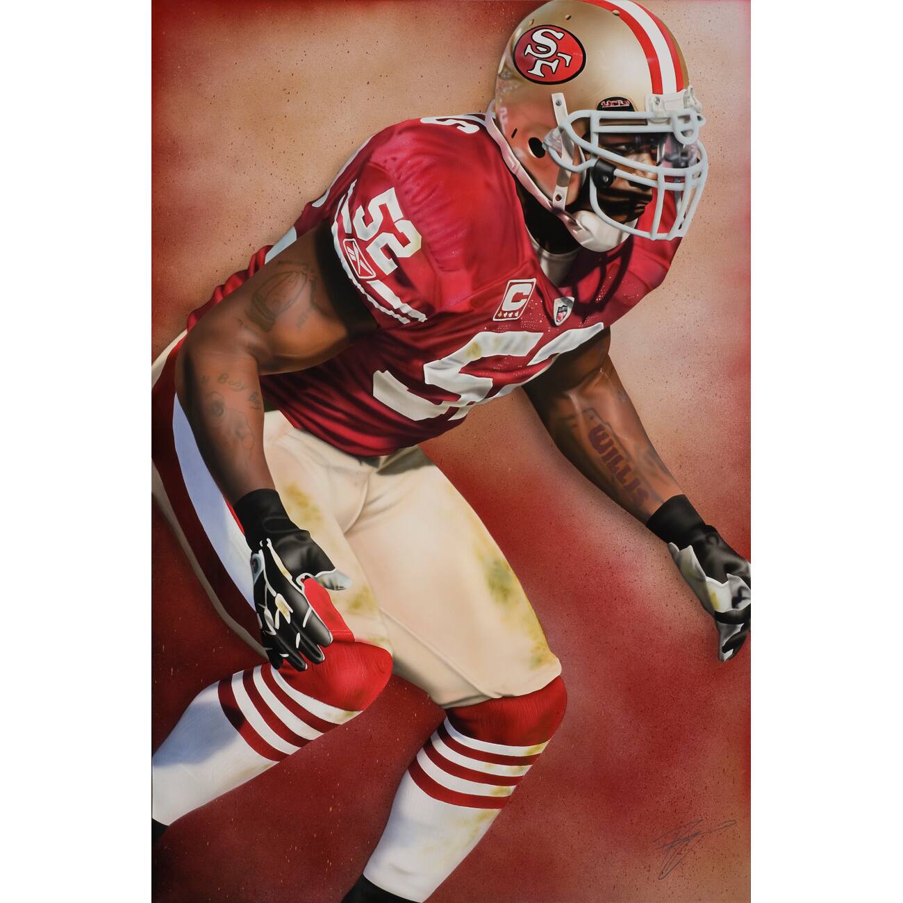 Front. Deacon Jones Foundation - San Francisco 49ers "Patrick Willis" Fine Art Canvas Print 18" x 24" by Artist Rob Jackson - Multicolor.
