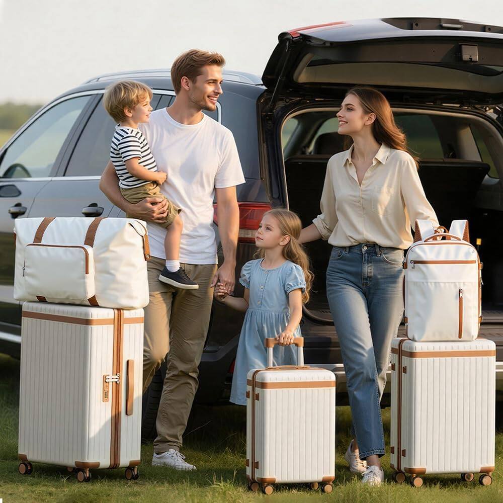 Angle. Quick Deer - 5-Piece Spinner Luggage Set with TSA Lock, 180° Travel Backpack and 60L Foldable Duffel Bag for Travel - White & Brown.