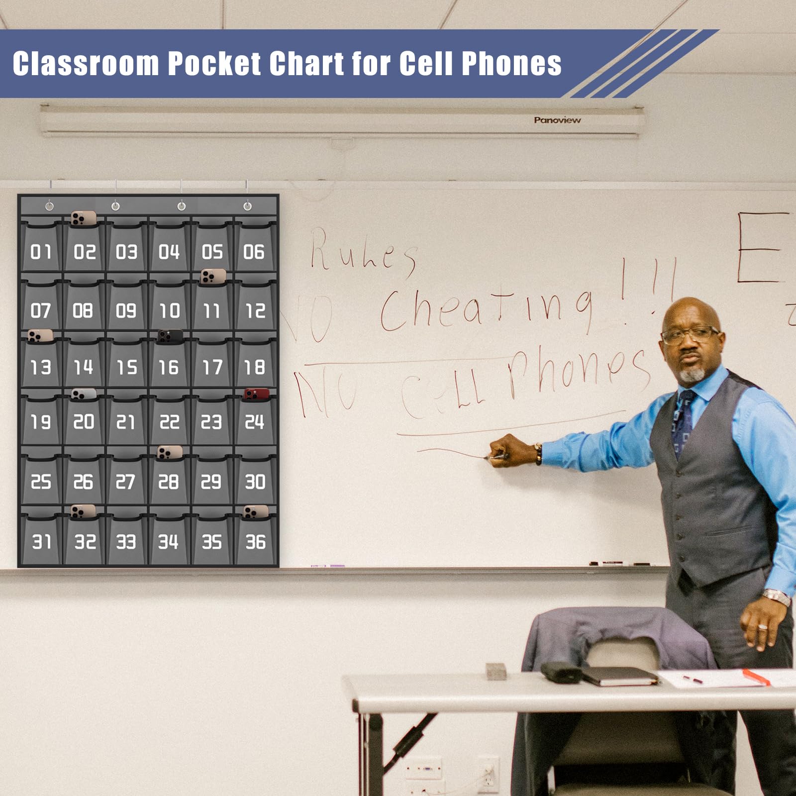 Classroom Pocket Chart for Cell Phones

Rules:
Cheating!!!
No Cell Phones