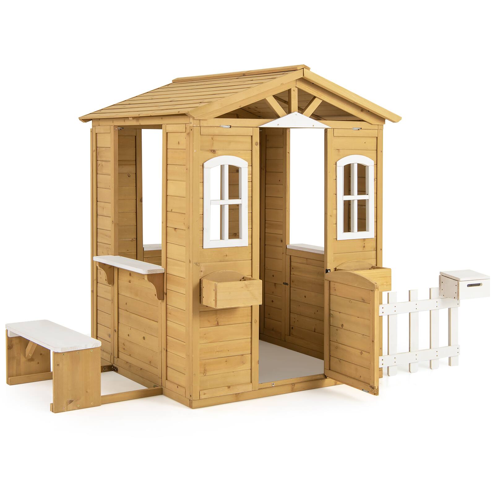 Alt View 8. Gymax - Gymax Wood Playhouse for Kids Outdoor Adventures Cottage w/ Bench Play Game Center - Natural, White.