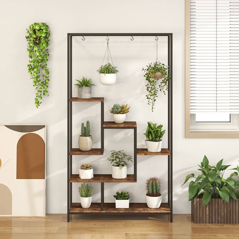 Alt View 2. Kadyn - 6-Tier Tall Plant Stand 71 Inch Metal Indoor Plant Shelf with 10 Hanging Hooks, Wood+Metal， Rustic Brown.