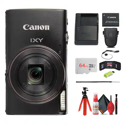 Canon IXY
Canon Battery Pack NE-TIEH
Canon 12x IS Zoom Lens 4.5-3.20mm
64GB Memory Card
Canon Lens Cleaning Kit
Canon Tripod
Canon Lens Hood
Canon Lens Cap
Canon Strap