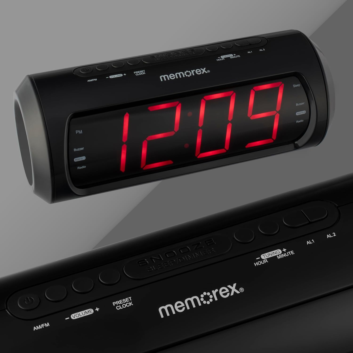 A - SINISTIRE didamm O HOUR O ST CLCK memarex rex ARPRA mem Seep Buszer  Radio Buzzer Aura PM Rado 12:09 AM/FM + - VOLUME + TUNING MINUTE BLEER/DIMMER HOUR PRESET mem.rex rex CLOCK mem AL1 AL2