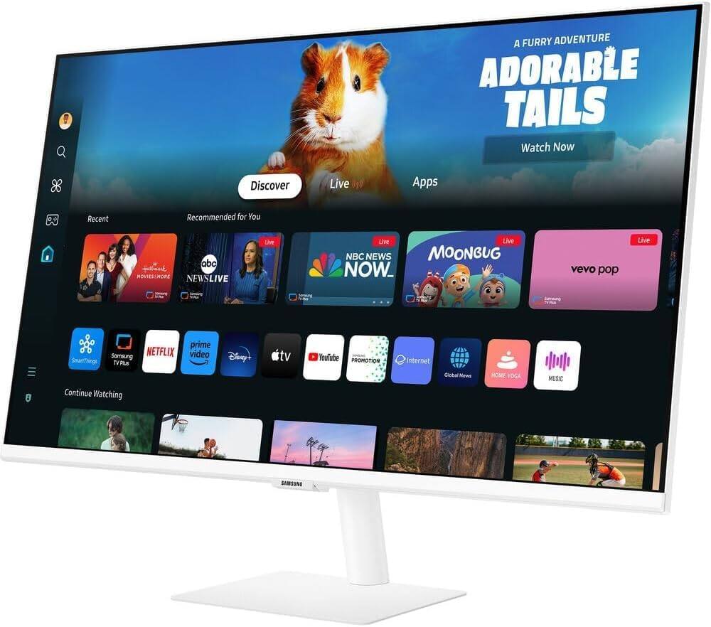 A FURRY ADVENTURE  
ADORABLE TAILS  
Watch Now  

Discover  
Live  
Apps  

Recent  
Recommended for You  

MOVIESAMORE  
NEWSLIVE  
ABC NEWS NOW  
MOONBUG  
vevo pop  

Continue Watching  

SmartThings  
Samsung TV Plus  
NETFLIX  
prime video  
Disney+  
tv  
YouTube  
PROMOTION  
Internet  
Global News  
HOME YOGA  
MUSIC  

HOME