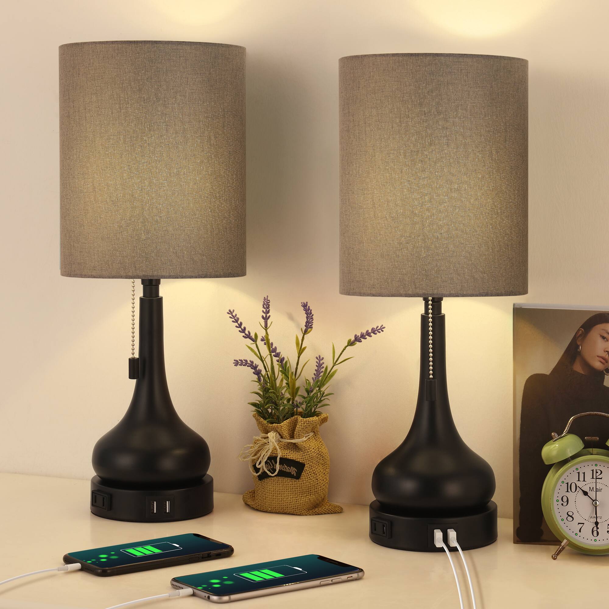 Alt View 1. Oumilen - 2-Piece Gourd Table Lamp with Gray Fabric Shade, Pull Chain Switch, 2 USB Ports and 1 AC Outlet.