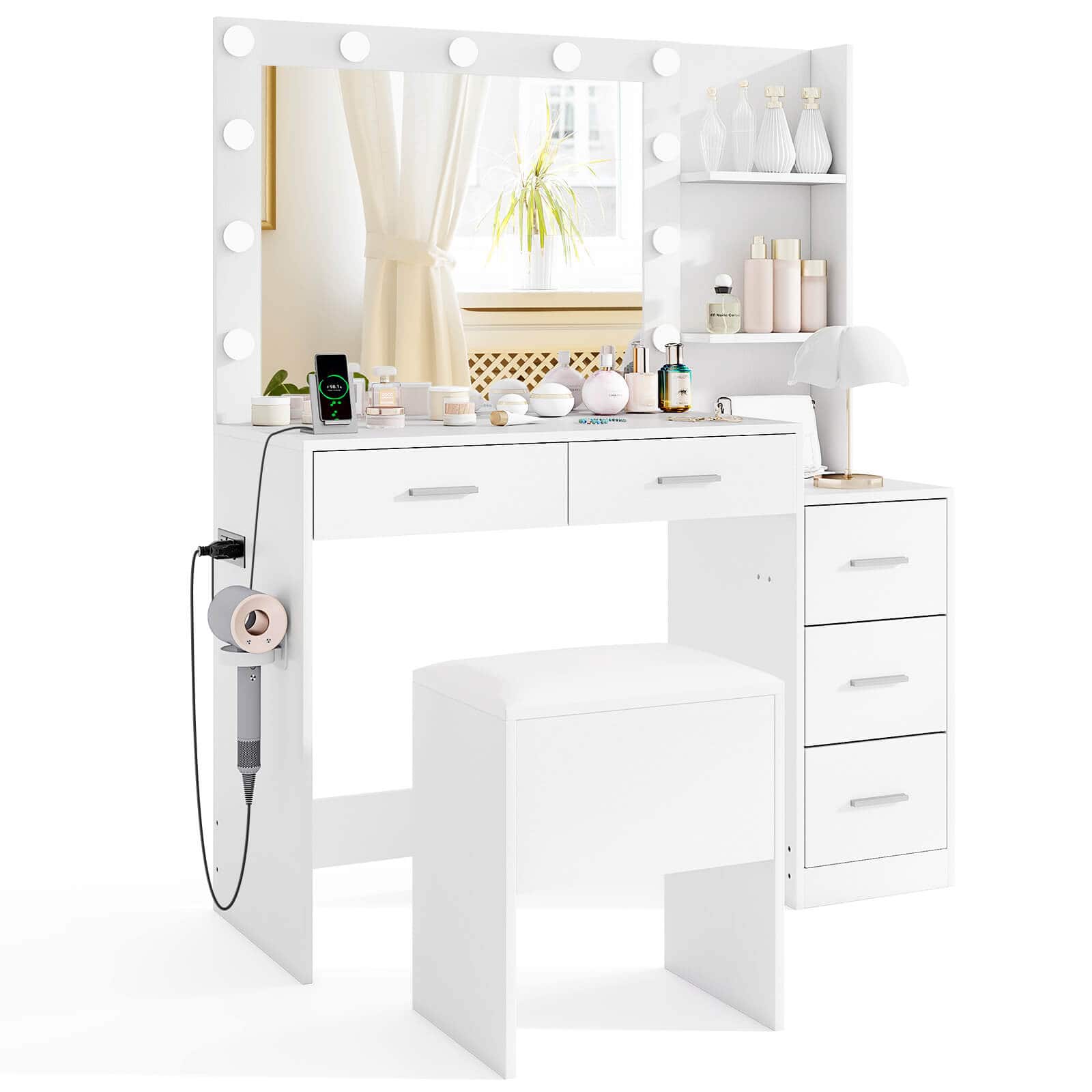Front. Costway - Costway 43.5" Makeup Table Set Vanity Desk with Storage Stool Power Outlets 2 Open Shelves - White.