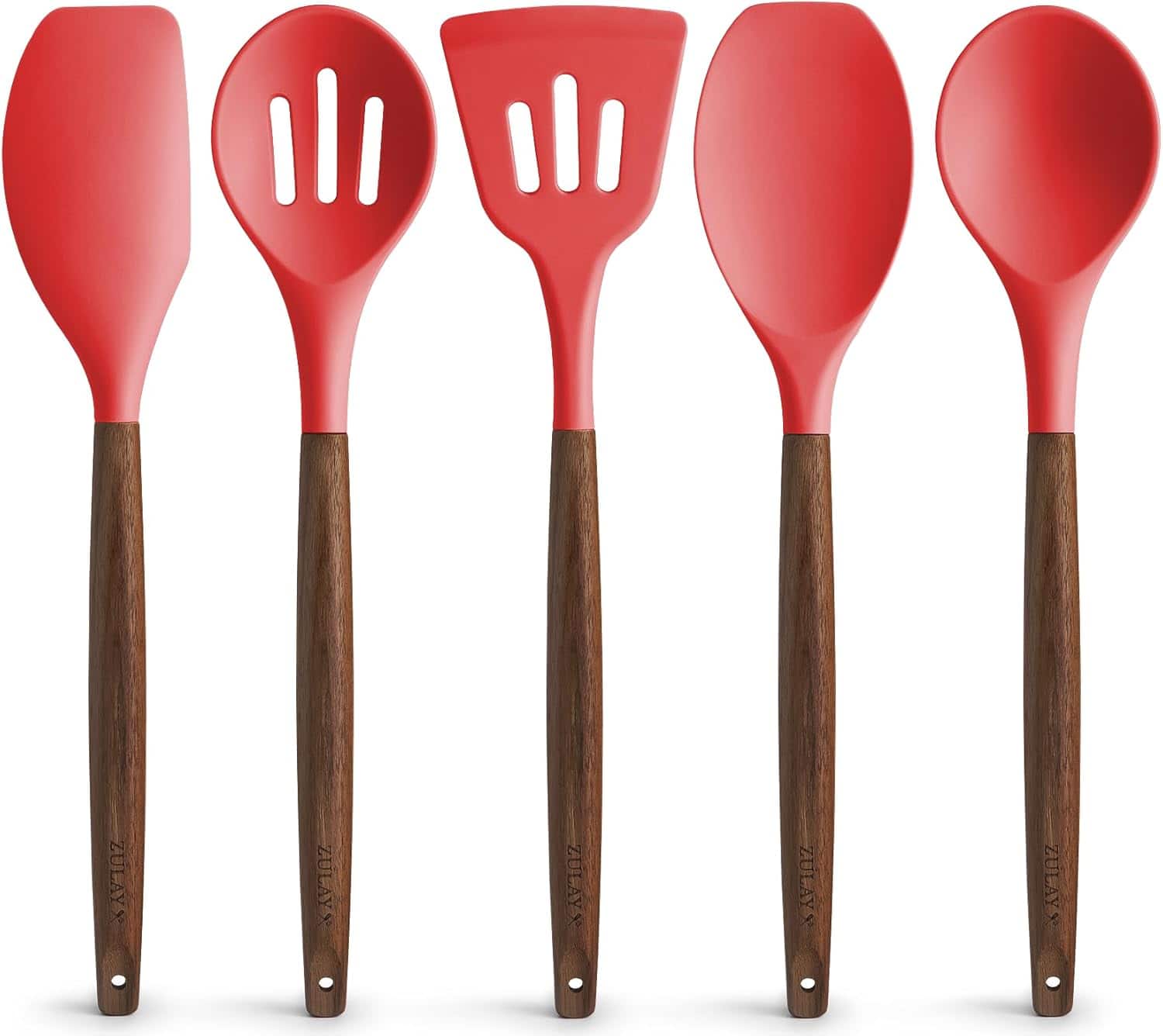 Zulay Kitchen - Utensils Set Non-Stick Silicone Cooking Utensils Set with Authentic Acacia Wood Handles 5 Piece Set - Red