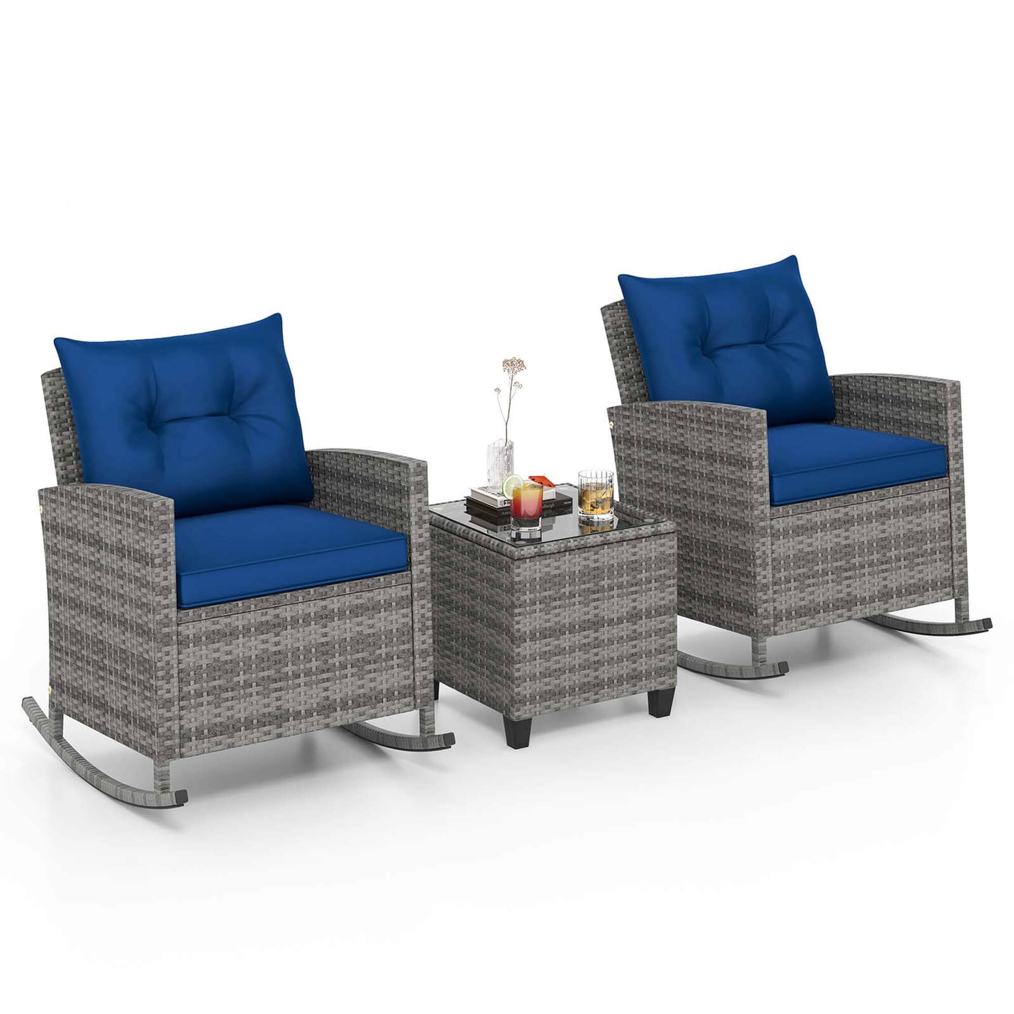 Angle. Costway - 3 PCS Patio Wicker Rocking Set with Tempered Glass Table & Soft Cushions Outdoor - Navy.