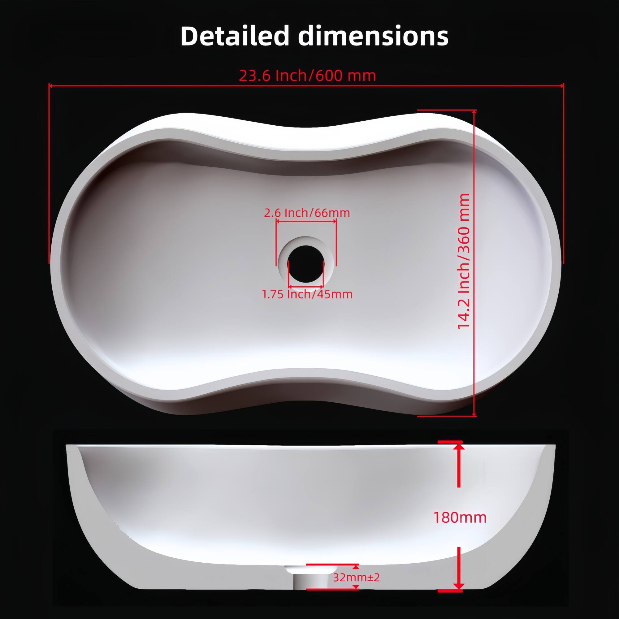 Detailed dimensions

- 23.6 Inch/600 mm
- 2.6 Inch/66 mm
- 1.75 Inch/45 mm
- 14.2 Inch/360 mm
- 180 mm
- 32 mm±2