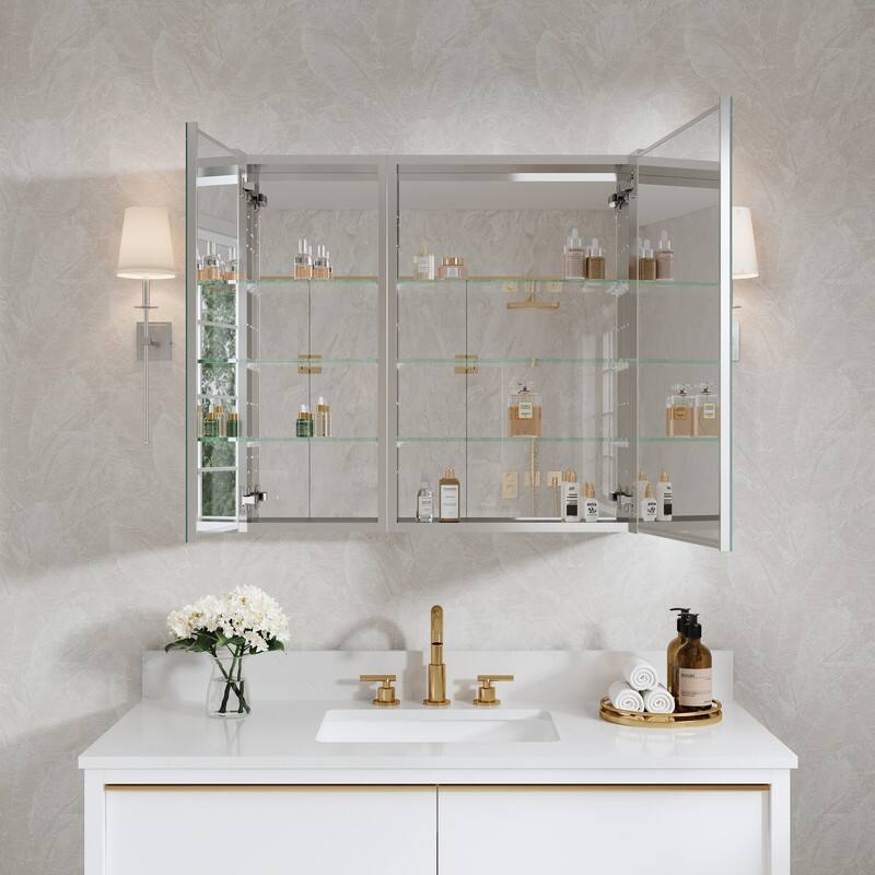 Alt View 6. WELLFOR - Combo 32 in. W x 30 in. H Rectangular Aluminum Recess/Surface Mount Frameless Medicine Cabinet with Mirror - Silver.