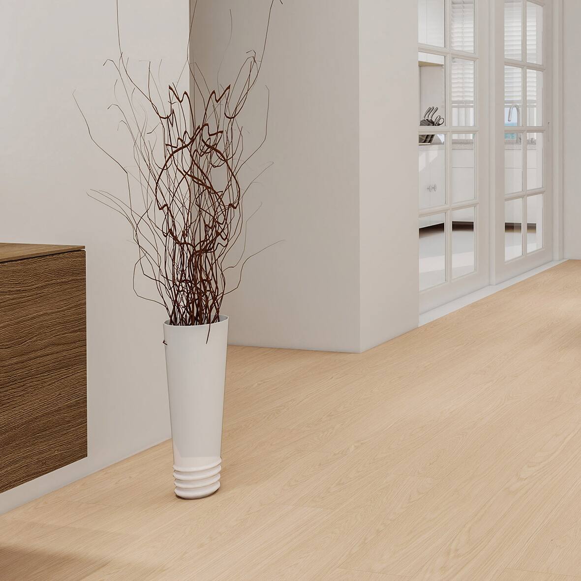 Left. Dotfloor - Superoak Lite Laminate Flooring - 48"x7.7" Planks, 10 Planks/Box (25.6 sq ft/Box), 9.5mm Thick, AC4 Wear Rating - Ellwood Maple.