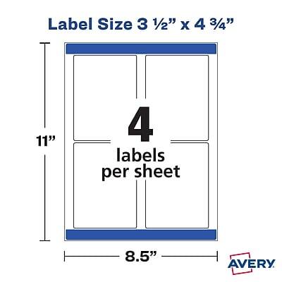Label Size: 3 1/2" x 4 3/4"  
4 labels per sheet  
11" x 8.5"  
AVERY