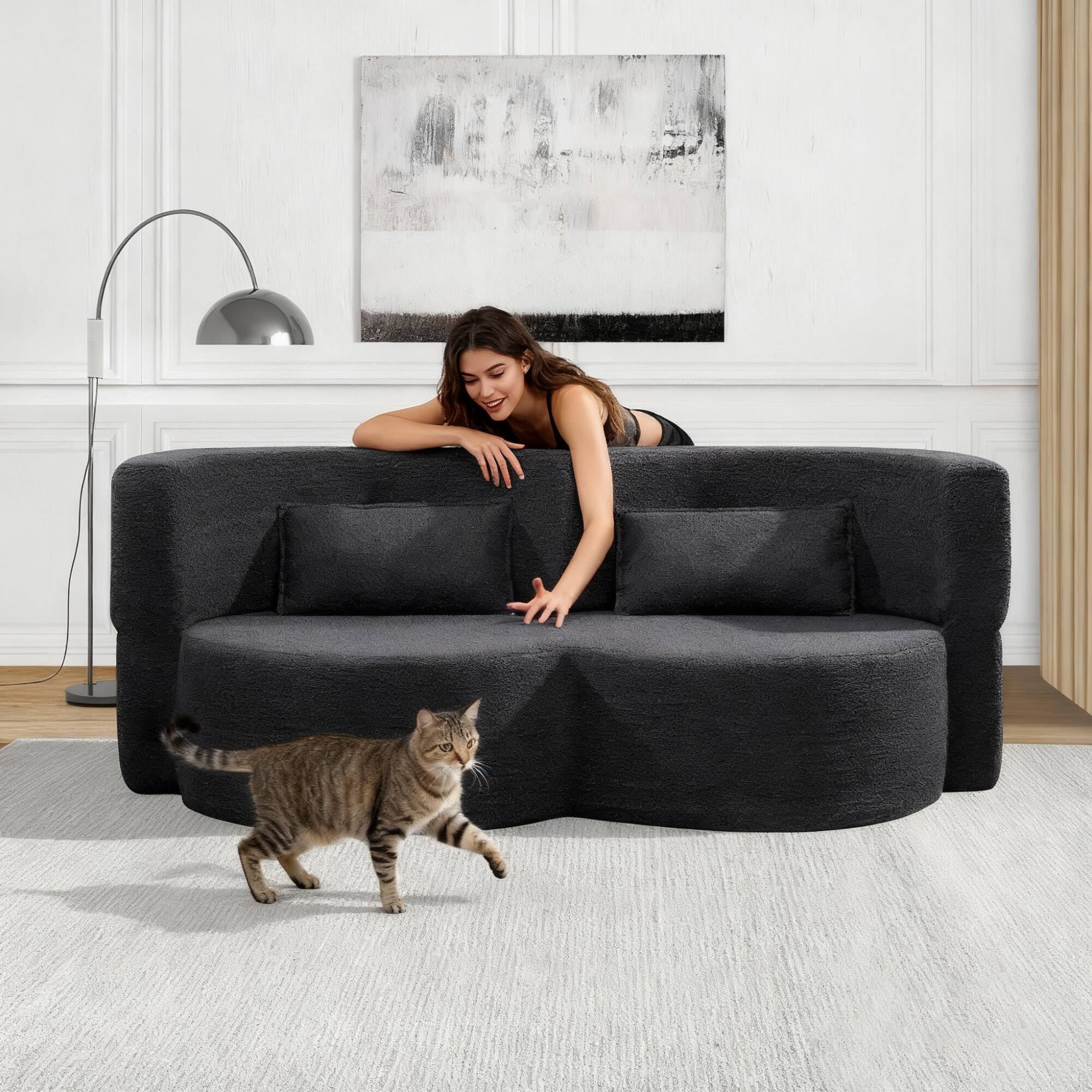 Back. GOODSILO - Convertible Teddy Fabric Folding Sofa Bed - Multi-Functional Floor Sleeper Futon for Compact Living Spaces - Black.