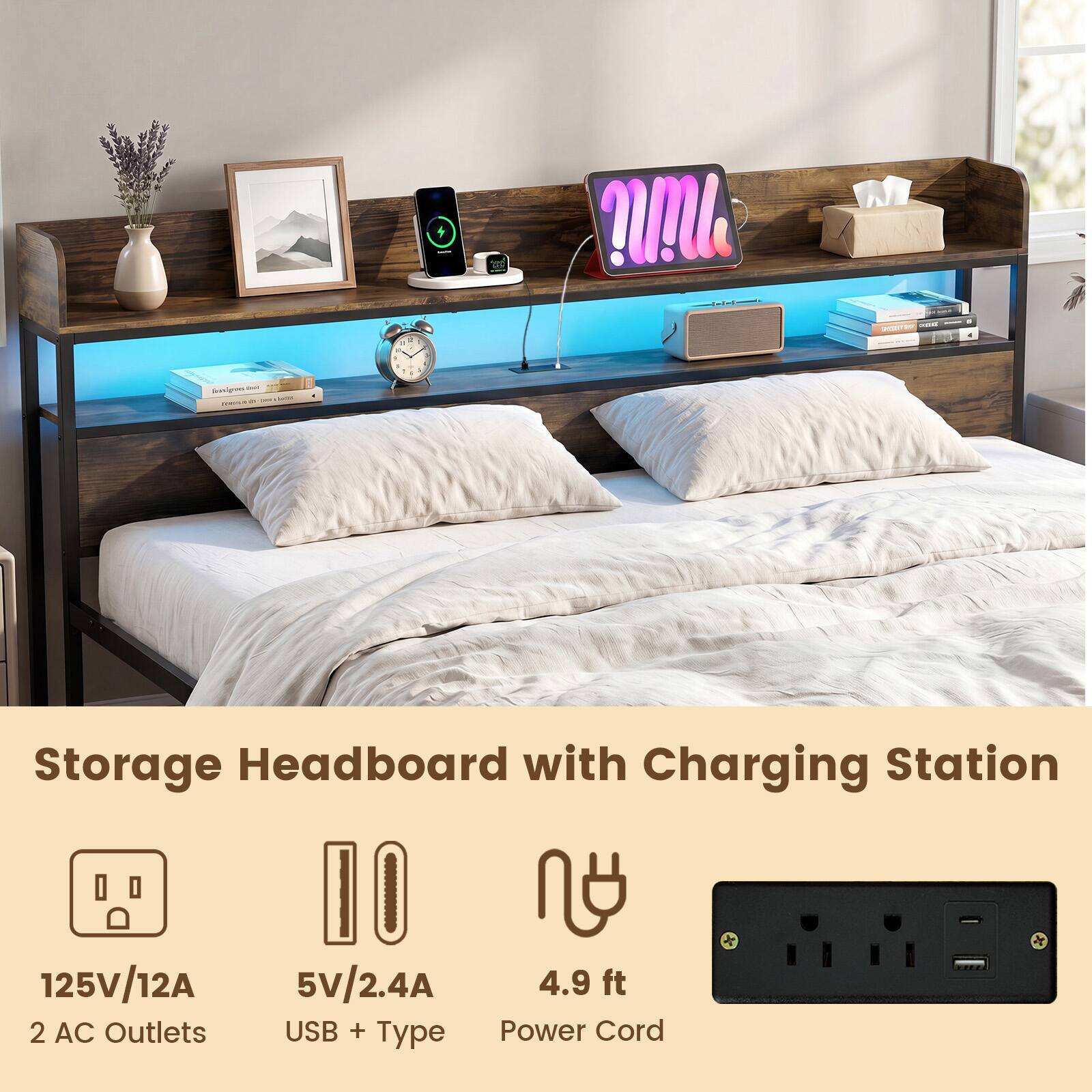 Storage Headboard with Charging Station

125V/12A
2 AC Outlets
5V/2.4A USB + Type
4.9 ft Power Cord