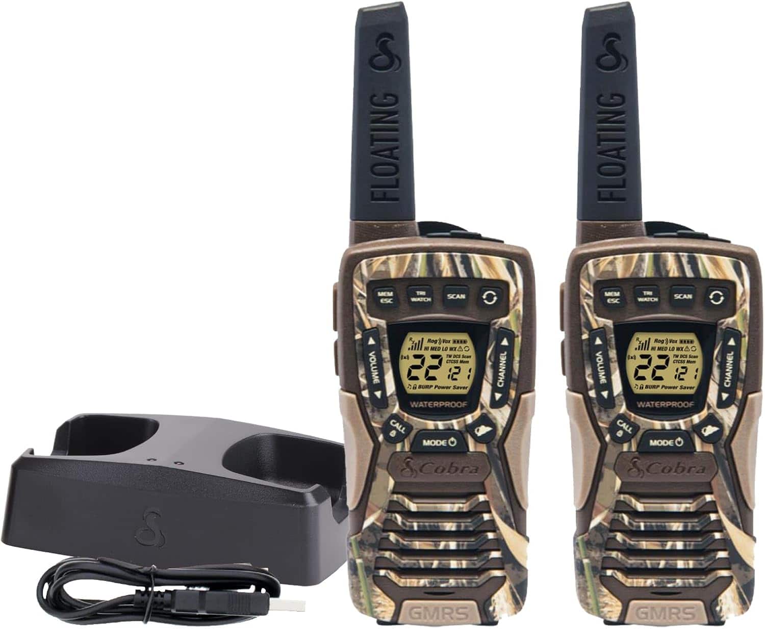 Cobra - ACXT1035R FLT CAMO Floating Walkie Talkies - Waterproof Rechargeable 37-Mile Two Way Radio NOAA Weather & VOX (2 Pack) - Camouflage