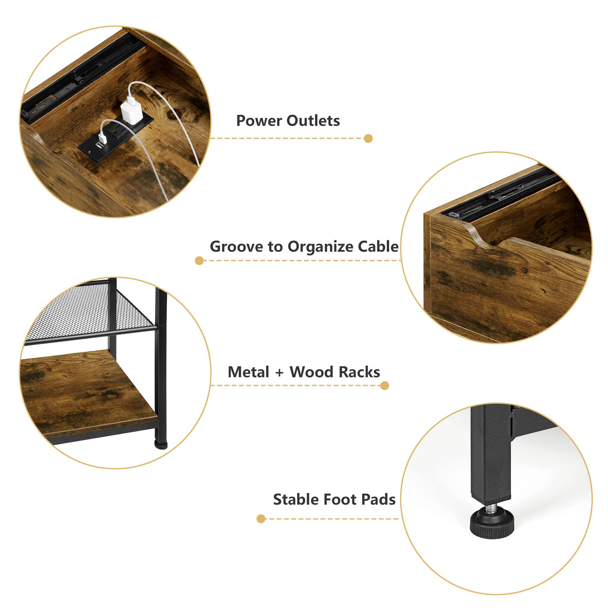 Power Outlets  
Groove to Organize Cable  
Metal + Wood Racks  
Stable Foot Pads