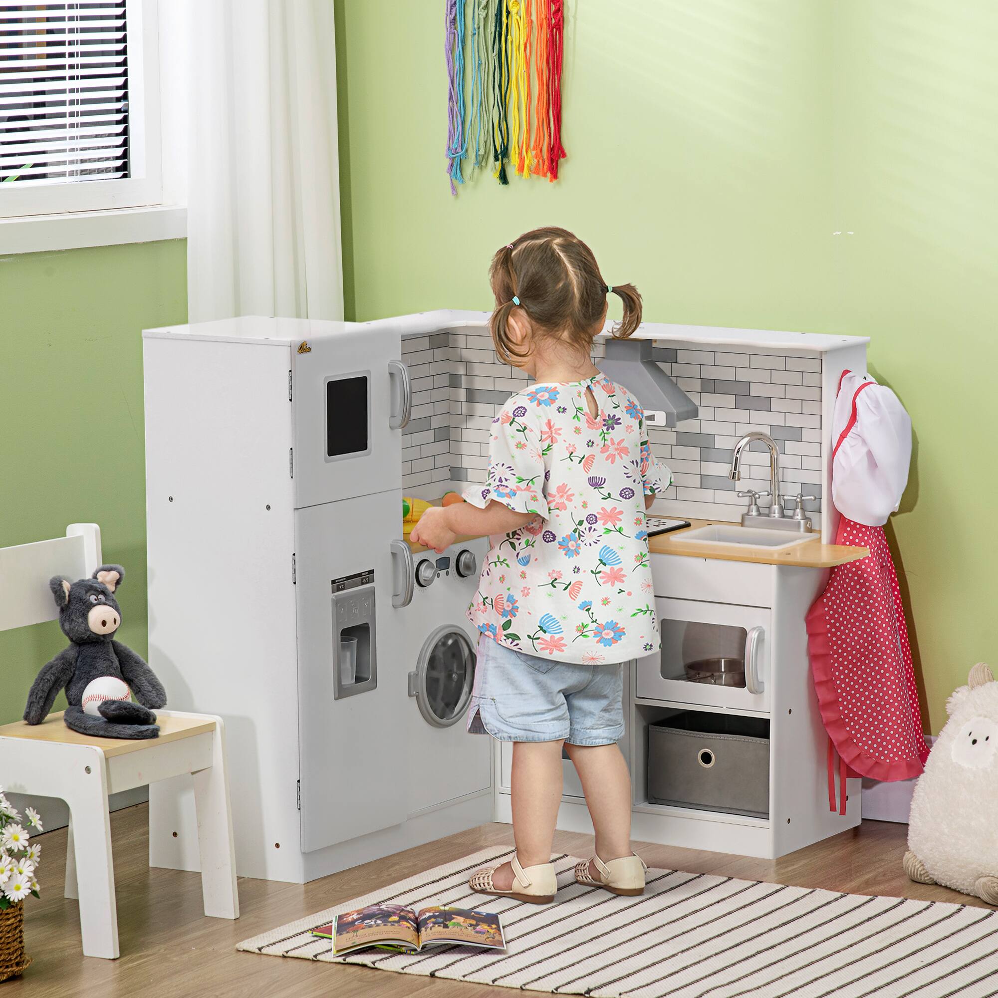 Alt View 7. Ecooso - Corner Pretend Play Kitchen Set with Sound Effects, Wooden Kids Kitchen with Washer, Ice Maker, and Food Toys - White.