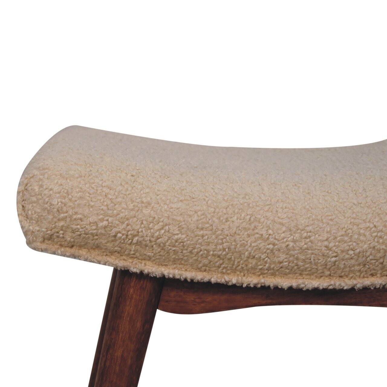Alt View 1. Artisan Furniture - Artisan Furniture Solid Wood Honey Caramel Boucle Cream Curved Bench, Upholstered, Brown and Cream - Brown and Cream.