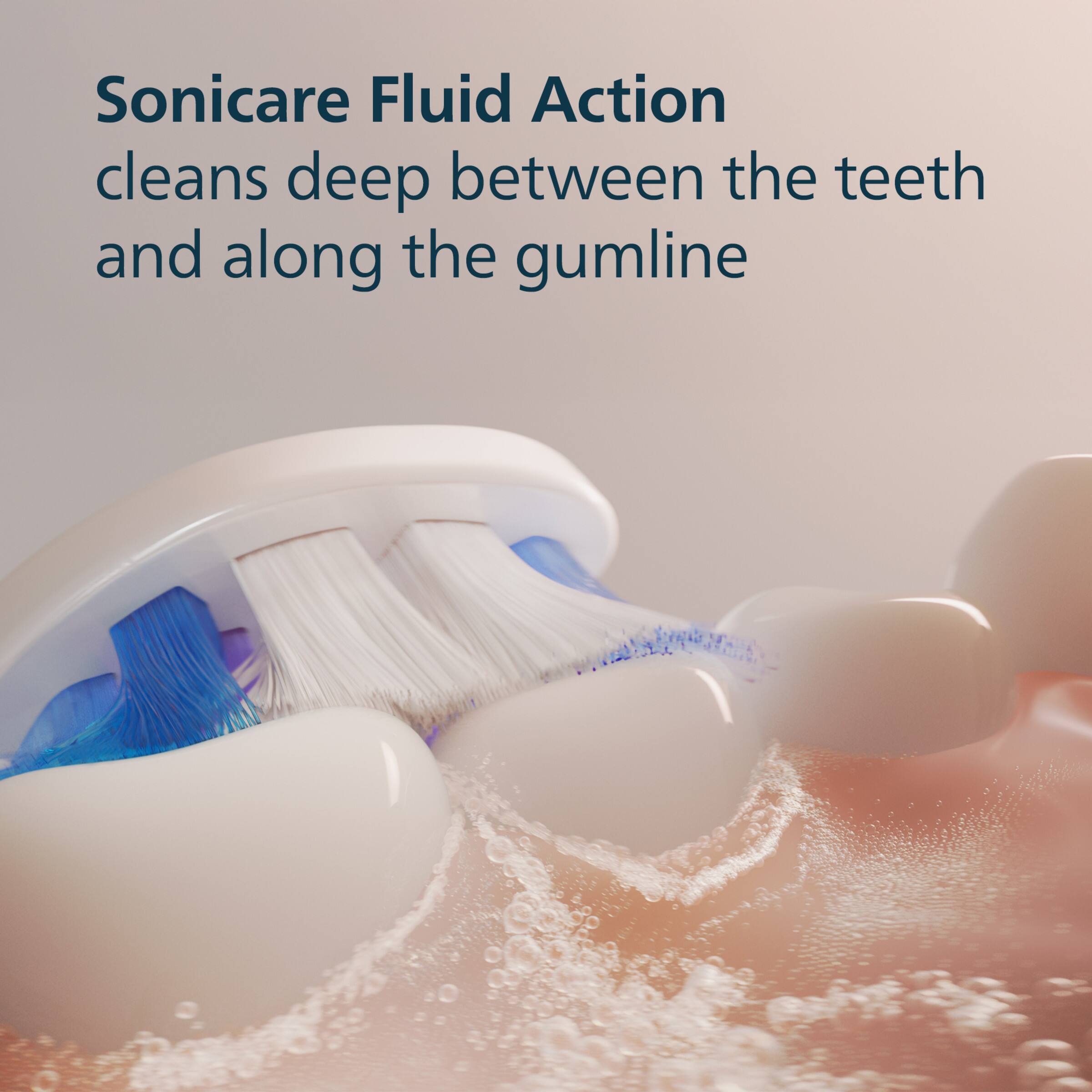 Sonicare Fluid Action cleans deep between the teeth and along the gumline