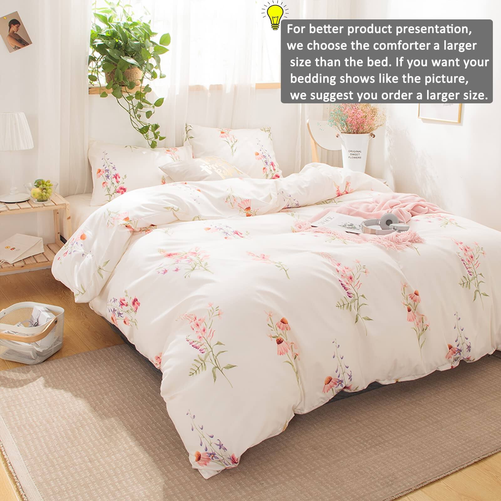 For better product presentation, we choose the comforter a larger size than the bed. If you want your bedding shows like the picture, we suggest you order a larger size. - CMCU CO