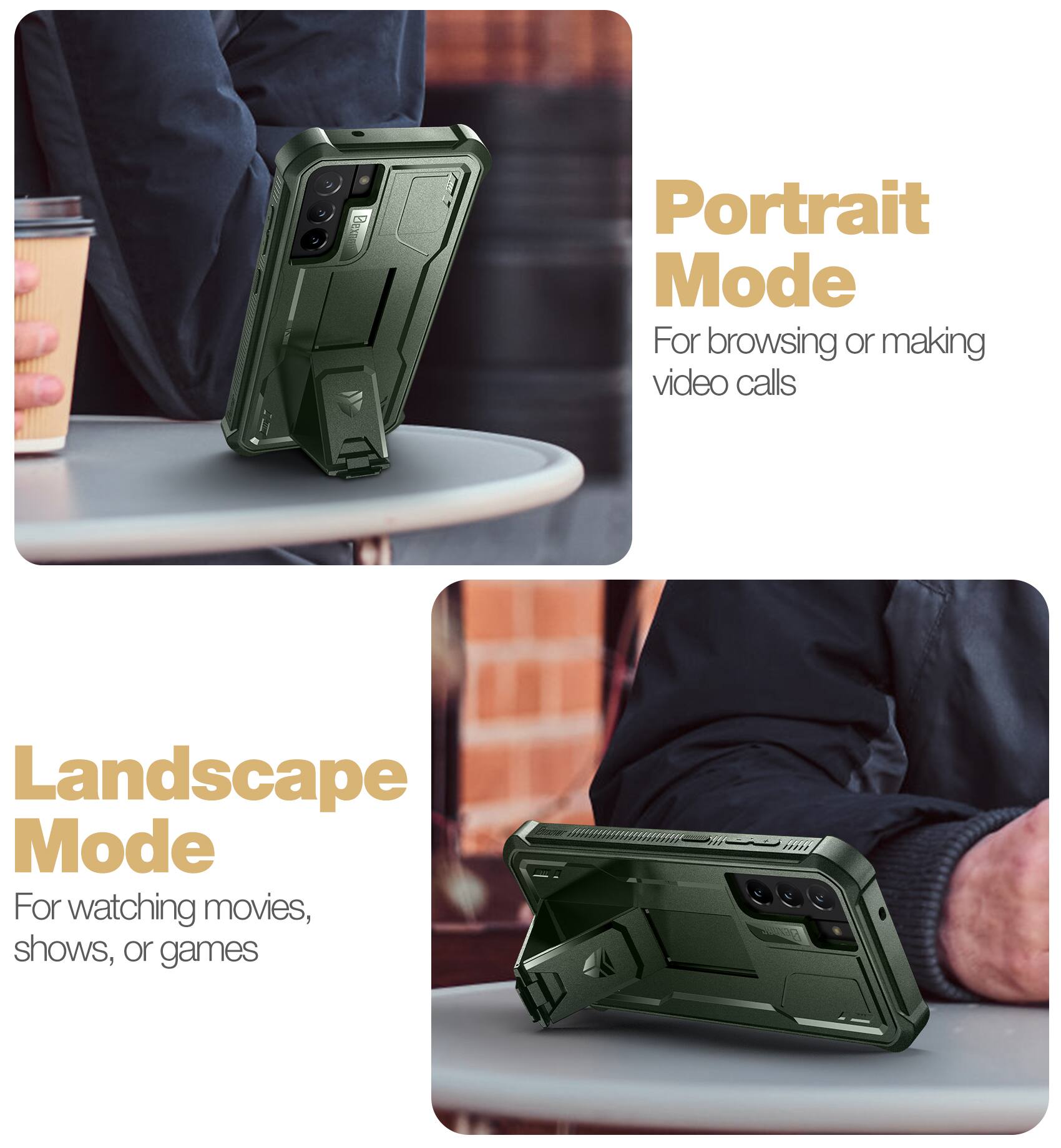 Portrait Mode  
For browsing or making video calls  

Landscape Mode  
For watching movies, shows, or games