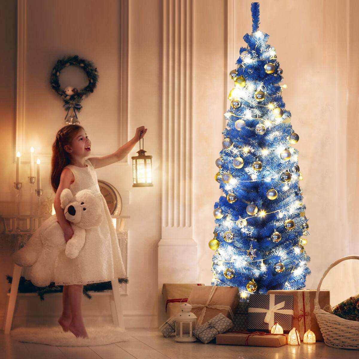 Alt View 14. Costway - 6FT Unlit Pencil Slim Tree Artificial Christmas Tree Metal/Blue - Blue.
