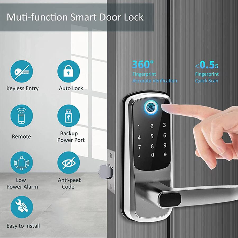 Multi-function Smart Door Lock
- Keyless Entry
- Auto Lock
- Remote
- Backup Power Port
- Low Power Alarm
- Anti-peek Code
- Easy to Install
360° Fingerprint Accurate Verification
<0.5s Fingerprint Quick Scan