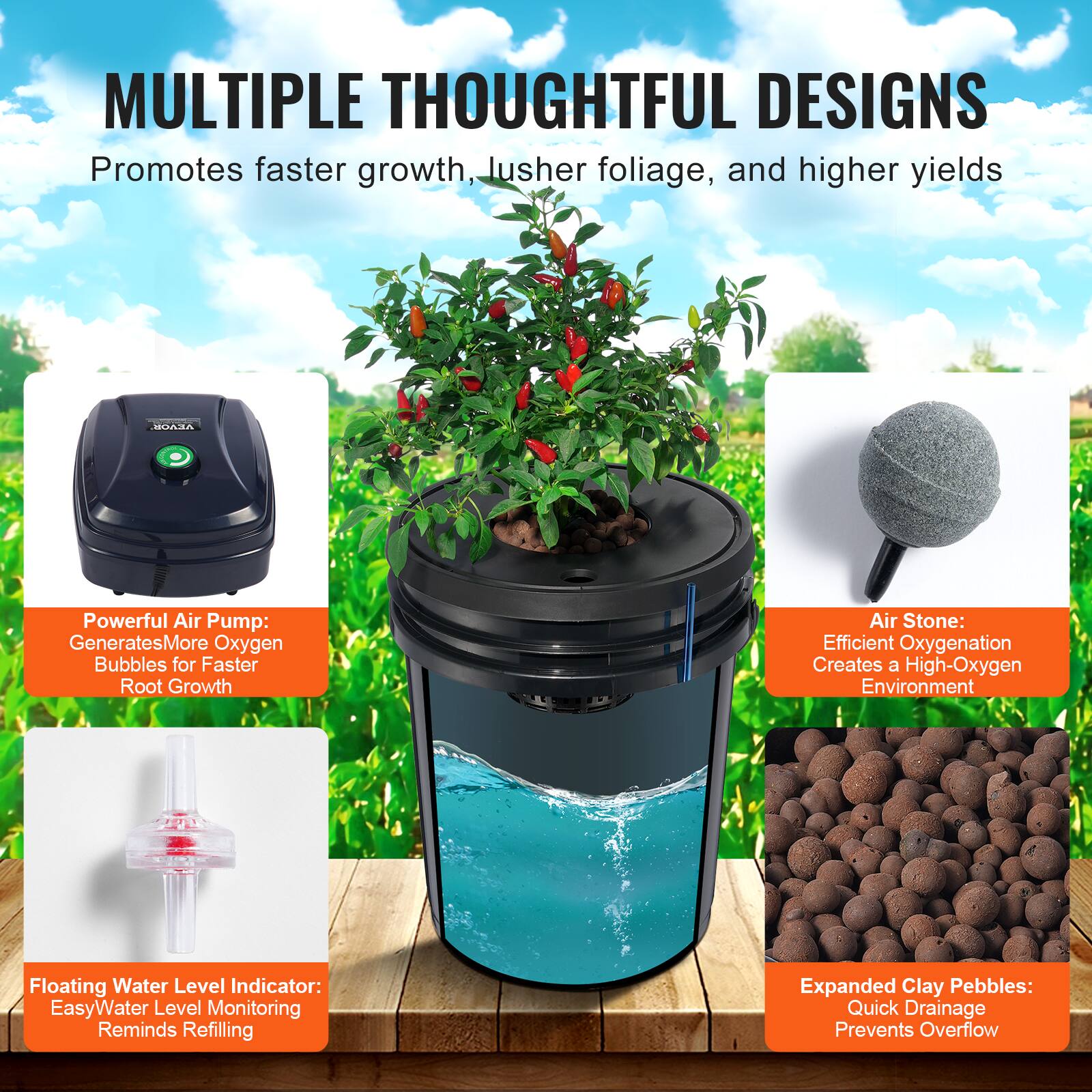 **MULTIPLE THOUGHTFUL DESIGNS**

Promotes faster growth, lusher foliage, and higher yields

- **Powerful Air Pump:** Generates More Oxygen Bubbles for Faster Root Growth
- **Air Stone:** Efficient Oxygenation Creates a High-Oxygen Environment
- **Floating Water Level Indicator:** Easy Water Level Monitoring Reminds Refilling
- **Expanded Clay Pebbles:** Quick Drainage Prevents Overflow