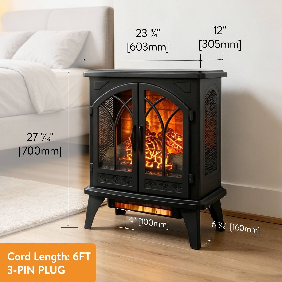 23 3/4" [603mm]  
12" [305mm]  
27 0/16" [700mm]  
4" [100mm]  
6 5/16" [160mm]  
Cord Length: 6FT 3-PIN PLUG