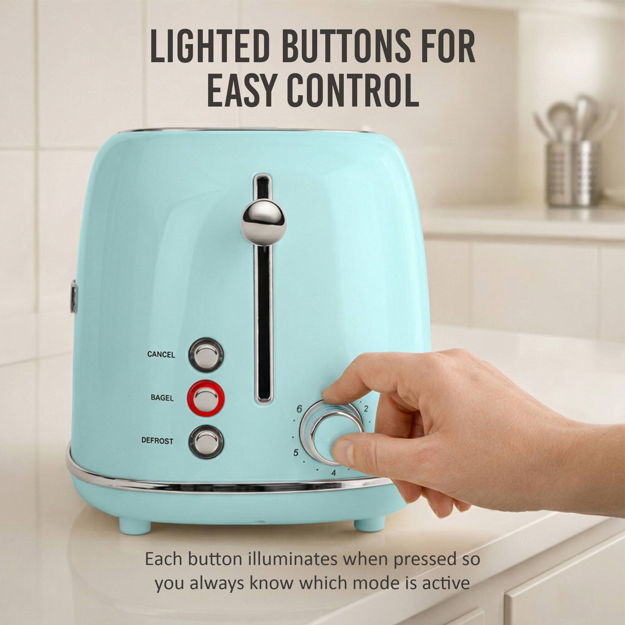 LIGHTED BUTTONS FOR EASY CONTROL

CANCEL BAGEL 6 2 DEFROST 5 4

Each button illuminates when pressed so you always know which mode is active