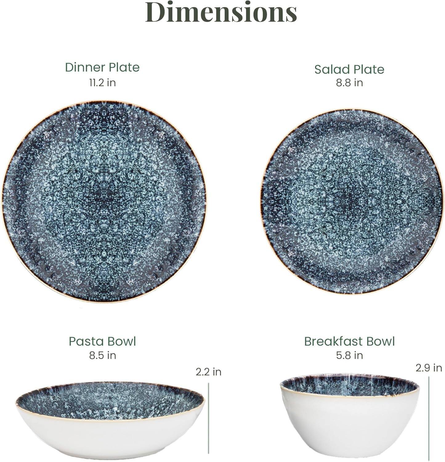 Dimensions  
- Dinner Plate: 11.2 in  
- Salad Plate: 8.8 in  
- Pasta Bowl: 8.5 in, 2.2 in  
- Breakfast Bowl: 5.8 in, 2.9 in
