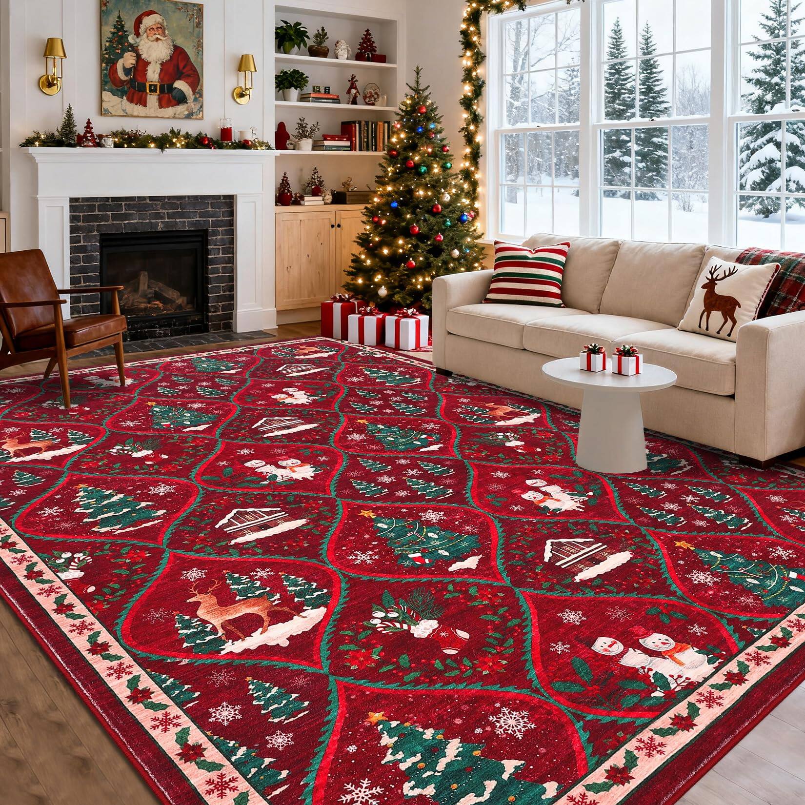 Front. Jojoka - 4x6ft Washable Christmas Area Rug Non Slip Decorative Xmas Holiday Carpet with Santa & Reindeer Print Soft Non Shedding - Red.