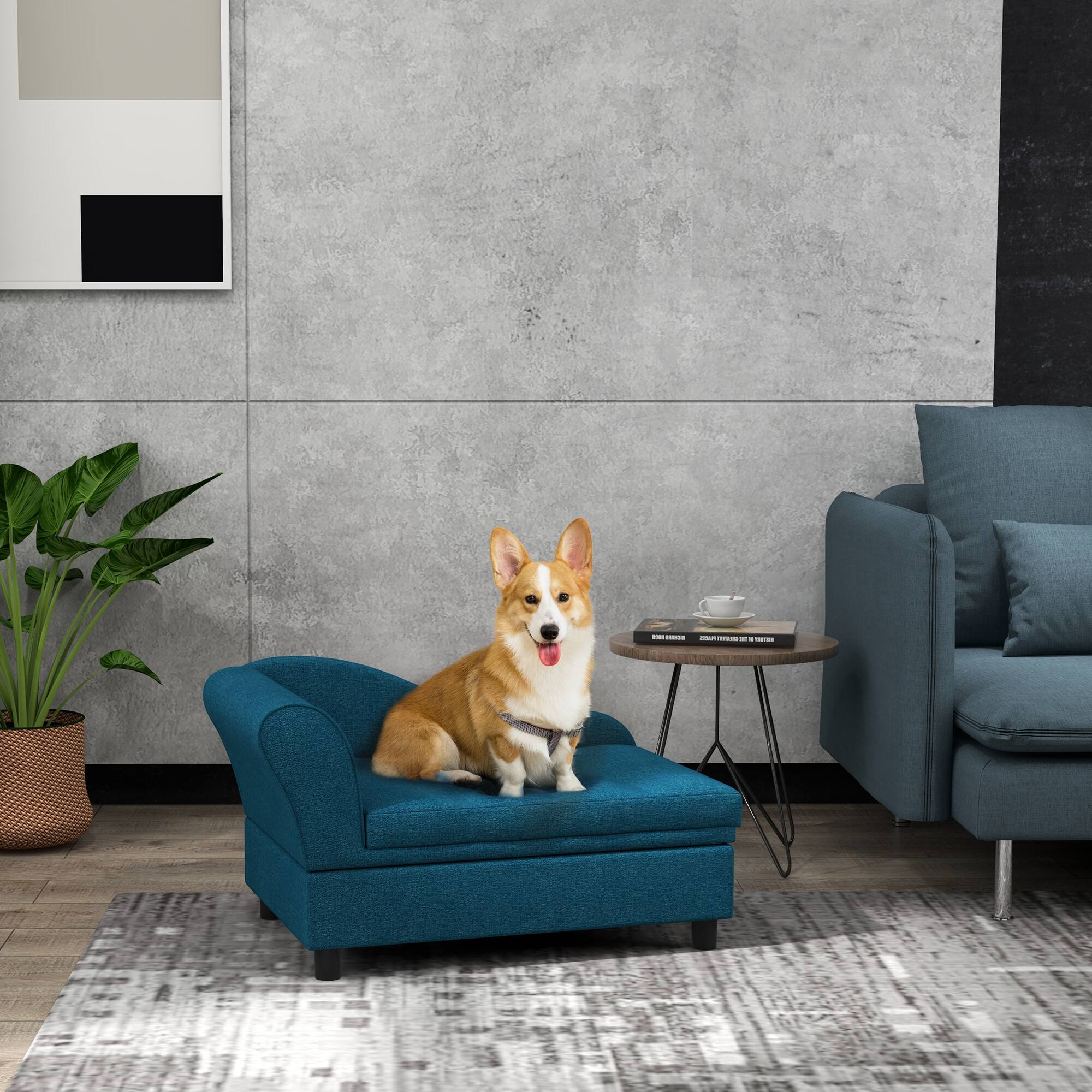 Angle. Siljoy - Dark Blue Pet Sofa with Hidden Storage, Tufted Cushion & Backrest for Small/Medium Dogs, Elevated Design - Blue.