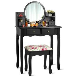 Ecooso - 360° Rotating Round Mirror Vanity Table with Smooth Top and Compact Drawer Storage - Black
