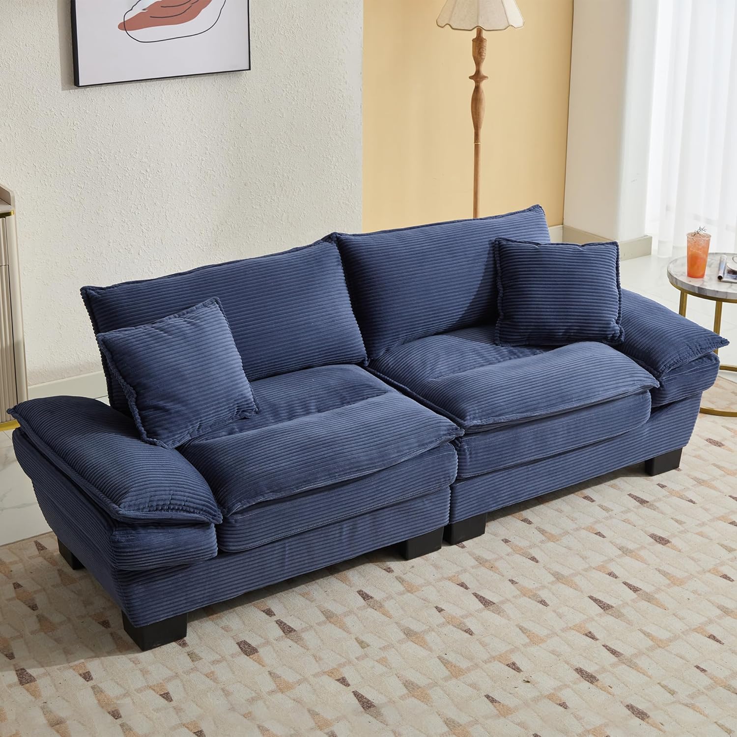 Alt View 2. Trinkets Crazed - 84" Cloud Corduroy Loveseat Sofa, Modern Comfy Upholstered 2 Seater Sofa Deep Seat Sofa with 2 Throw Pillows - blue.