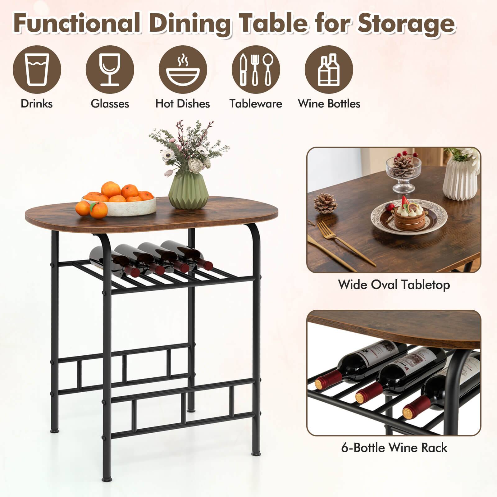 Functional Dining Table for Storage: Drinks, Glasses, Hot Dishes, Tableware, Wine Bottles, Wide Oval Tabletop, 6-Bottle Wine Rack.
