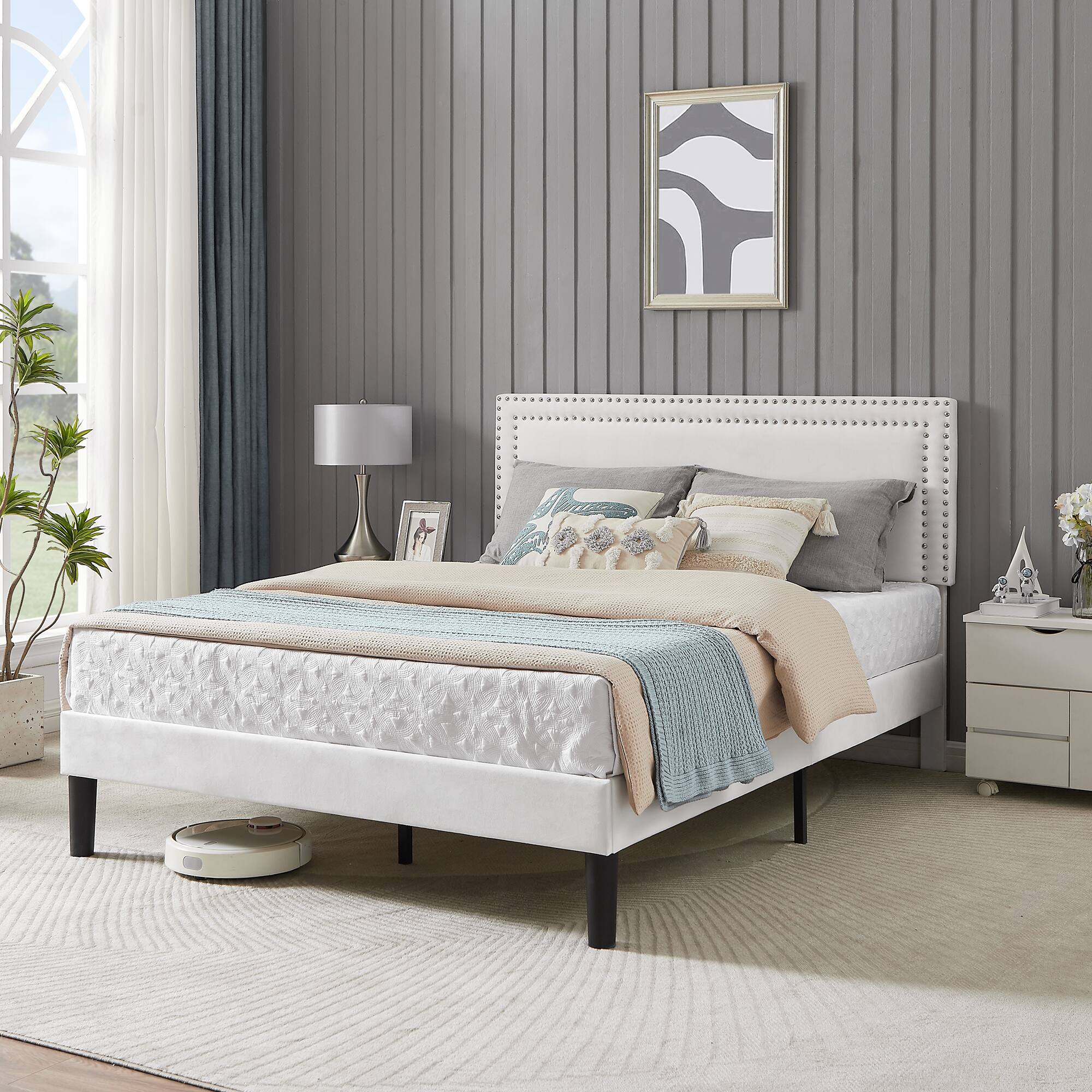 Alt View 4. Vecelo - Full Size Platform Bed Frame with Adjustable Upholstered Headboard, Strong Wood Slat Support,No Box Spring Needed - White.