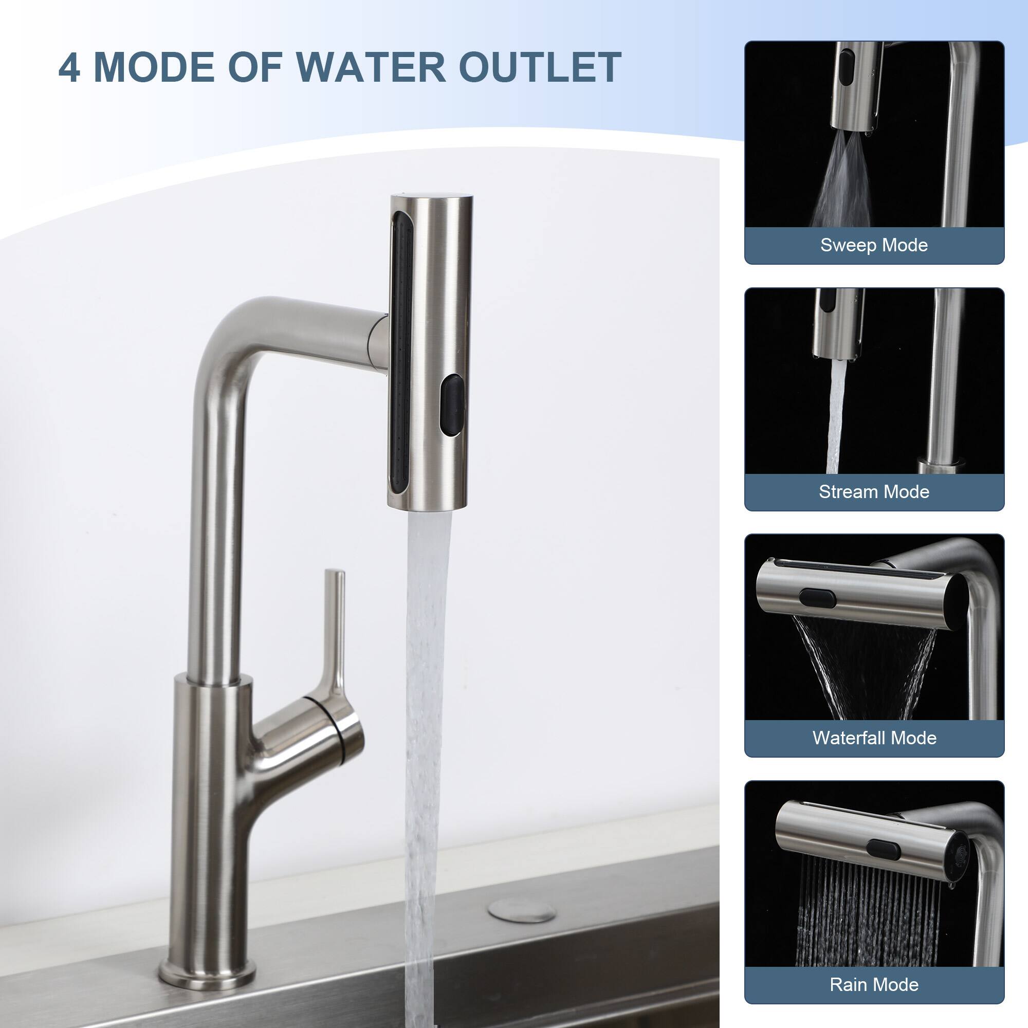 4 MODE OF WATER OUTLET

- Sweep Mode
- Stream Mode
- Waterfall Mode
- Rain Mode