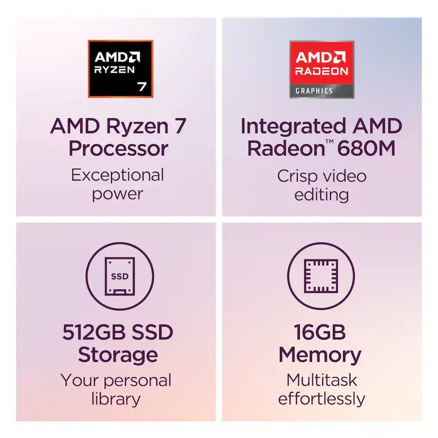 AMD Ryzen 7 Processor  
Exceptional power  

Integrated AMD Radeon 680M  
Crisp video editing  

512GB SSD Storage  
Your personal library  

16GB Memory  
Multitask effortlessly
