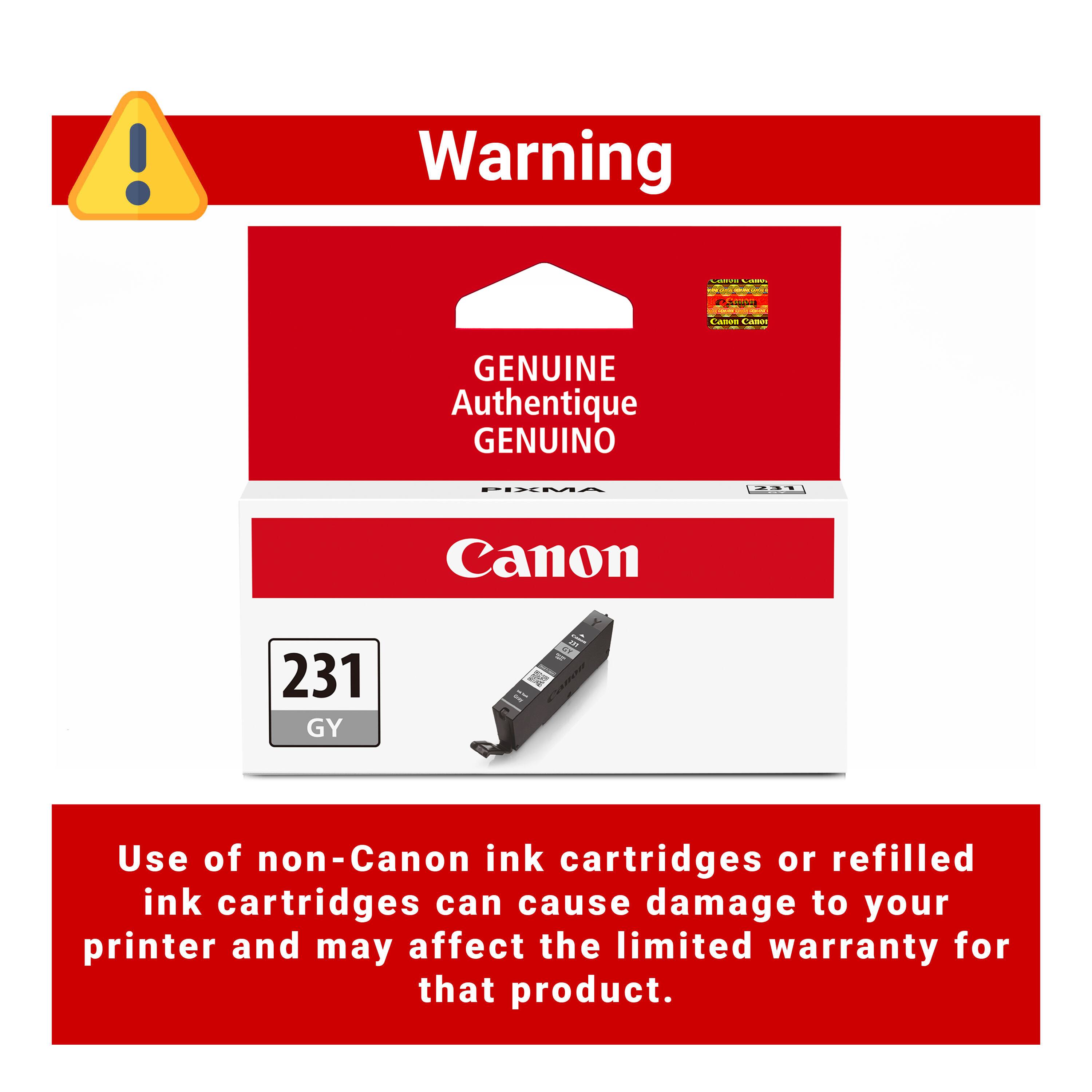 Warning

Calories CHERGES

Caron
Canon CABON
GENUINE Authentique GENUINO
PIXMA
231
Canon
231 GY

Use of non-Canon ink cartridges or refilled ink cartridges can cause damage to your printer and may affect the limited warranty for that product.