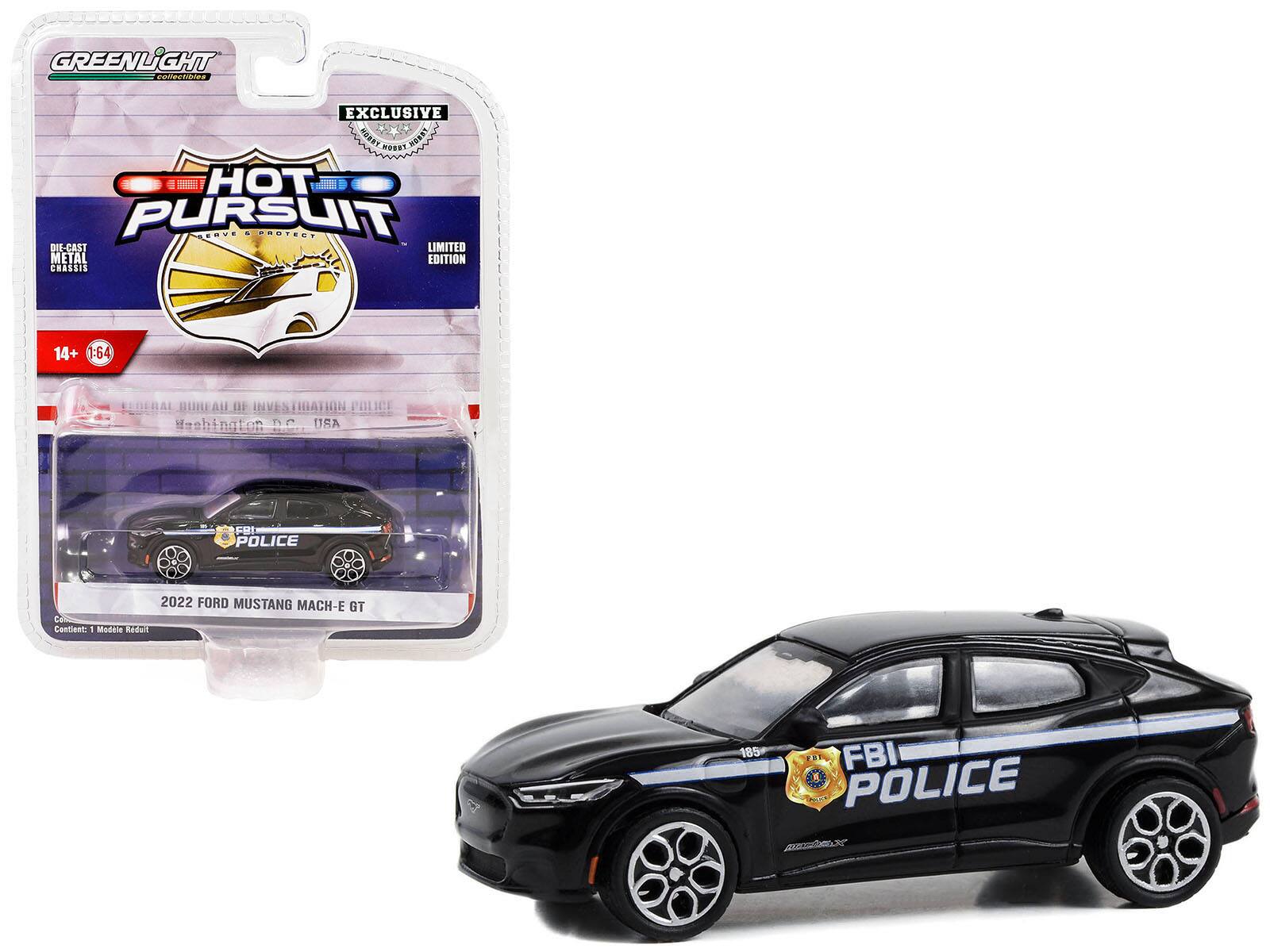 GREENLIGHT collectibles

HOT PURSUIT  
Serve & Protect

EXCLUSIVE  
LIMITED EDITION

DIE-CAST METAL CHASSIS

14+  
1:64

2022 FORD MUSTANG MACH-E GT

FBI POLICE

Content: 1 Model Reduit

FBI POLICE  
185
