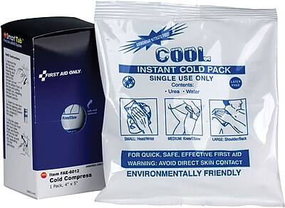 **Smart Tab**

**FIRST AID ONLY**

**COOL PACK**

**INSTANT COLD PACK**

**SINGLE USE ONLY**

**Contents:**
- Urea
- Water

**Item FAE-6012 Cold Compress**

**1 Pack, 4" x 5"**

**FOR QUICK, SAFE, EFFECTIVE FIRST AID**

**WARNING: AVOID DIRECT SKIN CONTACT**

**ENVIRONMENTALLY FRIENDLY**

**LATER USE**

**SMALL: Head/Wrist**

**MEDIUM: Knee/Elbow**

**LARGE: Shoulder/Back**