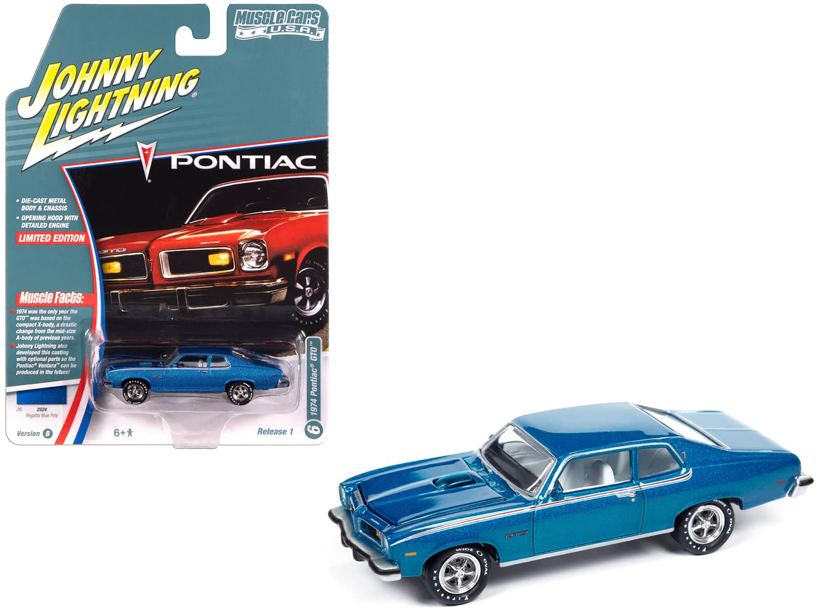 Johnny Lightning - 1974 Pontiac GTO Regatta Interior "Muscle Cars USA" Series 1/64 - Blue Metallic with White