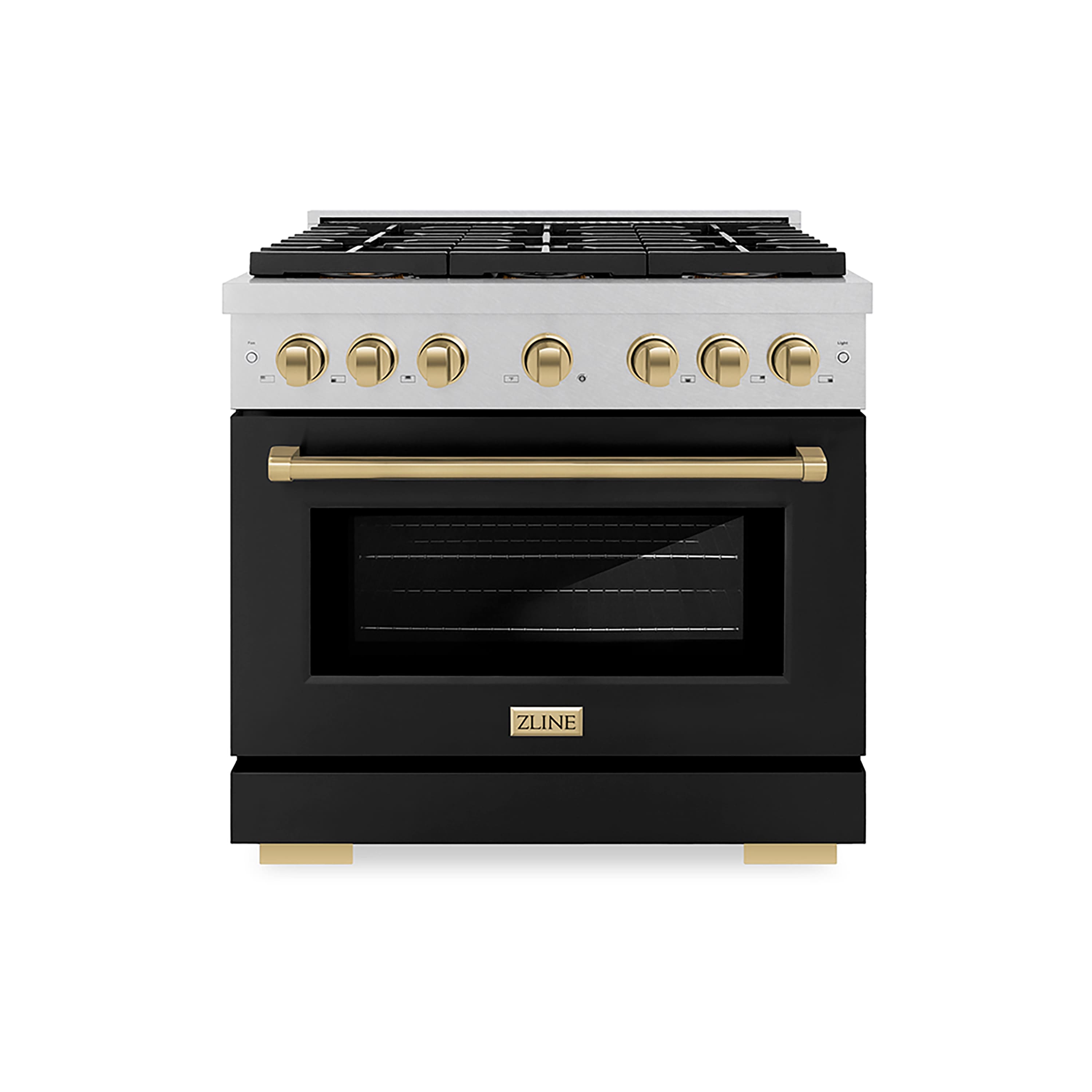 Front. ZLINE - Autograph 36 in. 5.2 cu. ft. Freestanding Paramount Gas DuoPro Range in Satin Steel with Black Door and Bronze Accents - Black Matte.