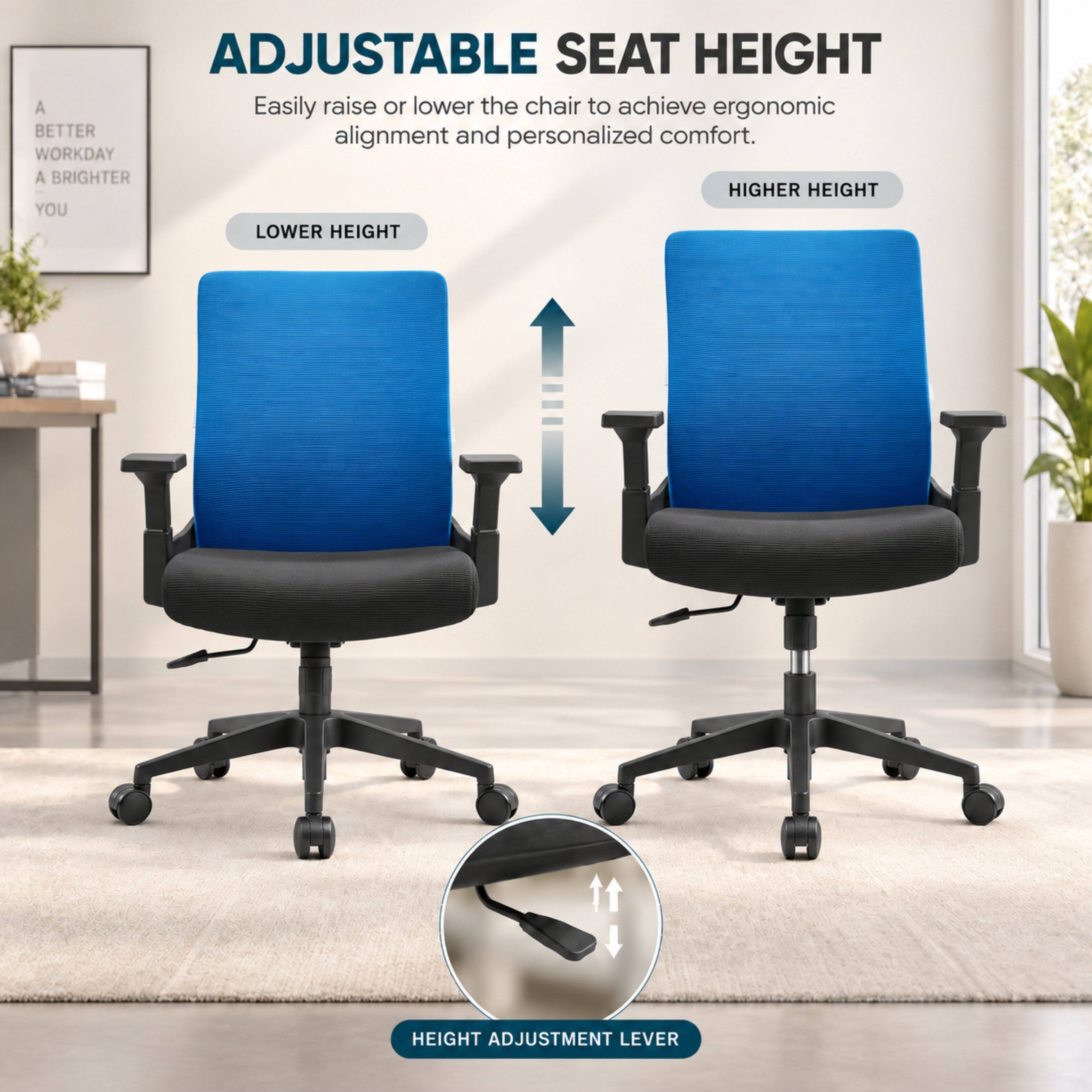 ADJUSTABLE SEAT HEIGHT  
Easily raise or lower the chair to achieve ergonomic alignment and personalized comfort.  

LOWER HEIGHT  
HIGHER HEIGHT  

HEIGHT ADJUSTMENT LEVER
