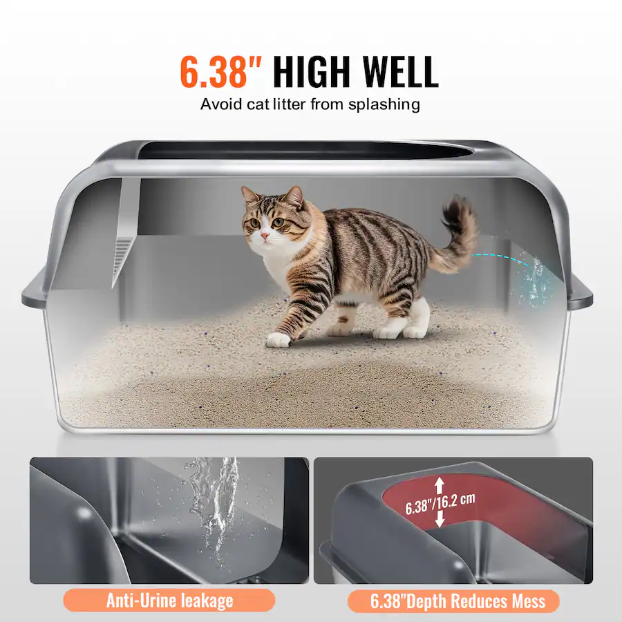 VEVOR Cat Litter Box, 6 inches Deep, XL Extra Large Stainless Steel Cat ...