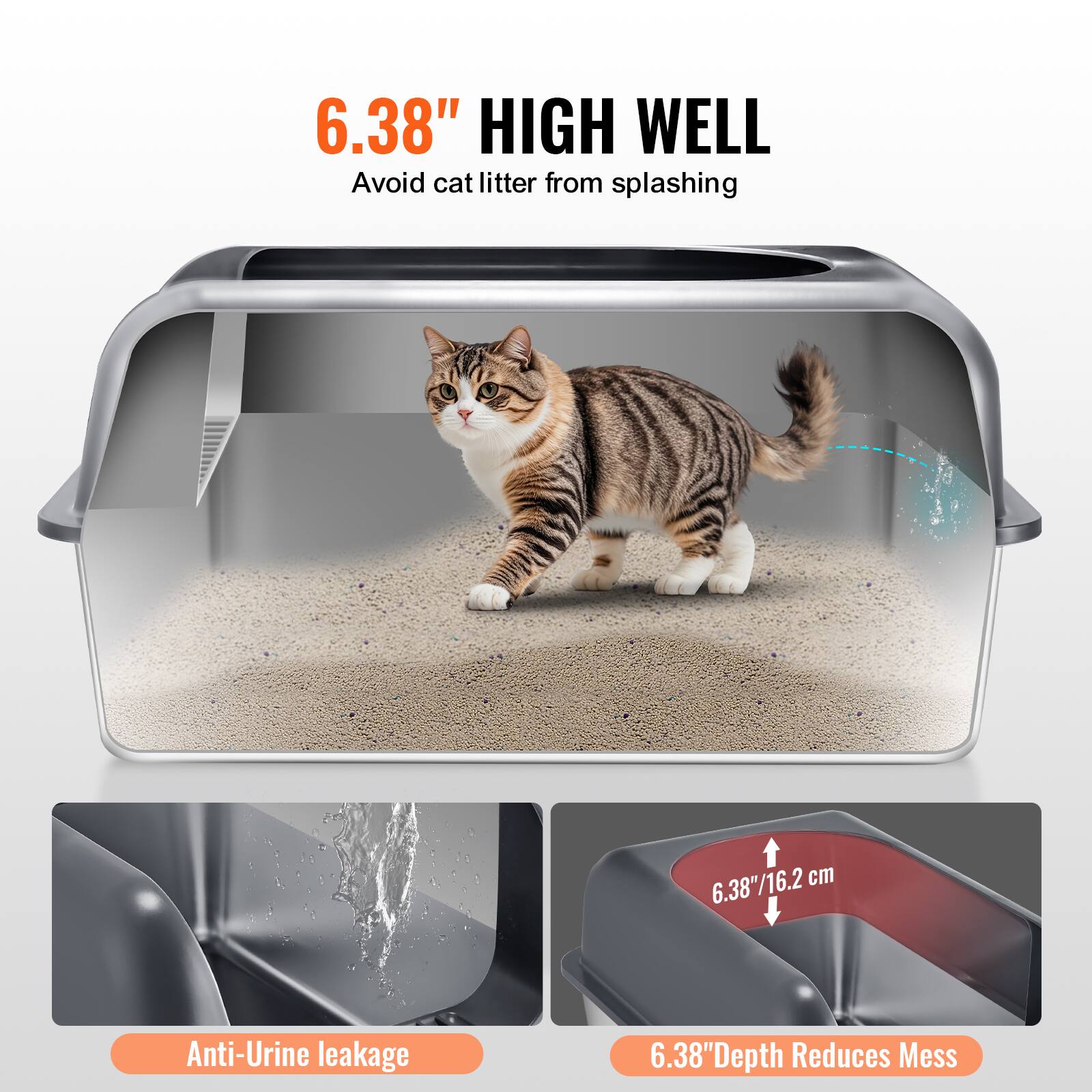6.38" High Well
Avoid cat litter from splashing
6.38"/16.2 cm
Anti-Urine leakage
6.38" Depth Reduces Mess