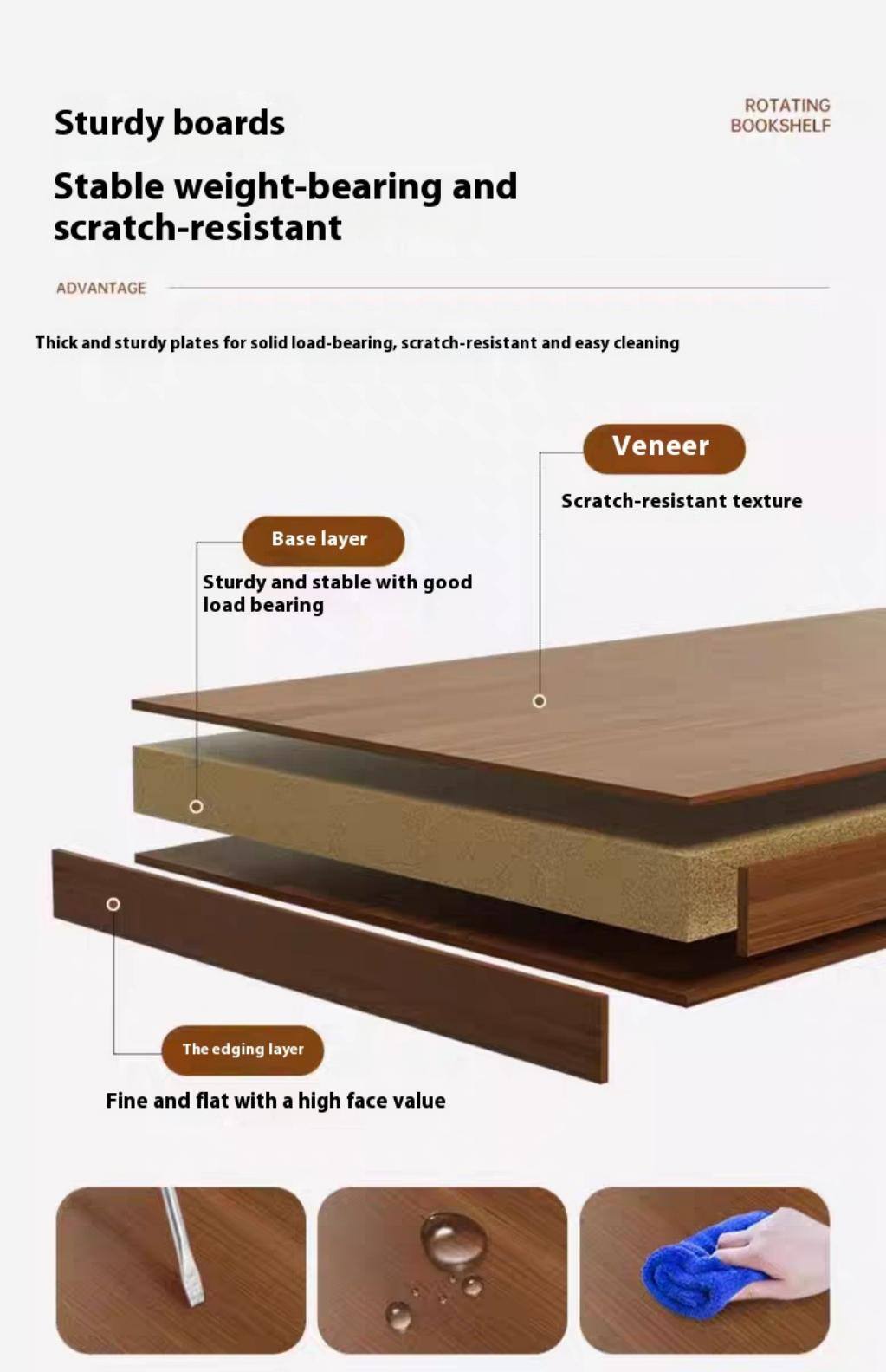 Sturdy boards
Stable weight-bearing and scratch-resistant
ADVANTAGE
Thick and sturdy plates for solid load-bearing, scratch-resistant and easy cleaning
Veneer
Scratch-resistant texture
Base layer
Sturdy and stable with good load bearing
The edging layer
Fine and flat with a high face value
ROTATING BOOKSHELF