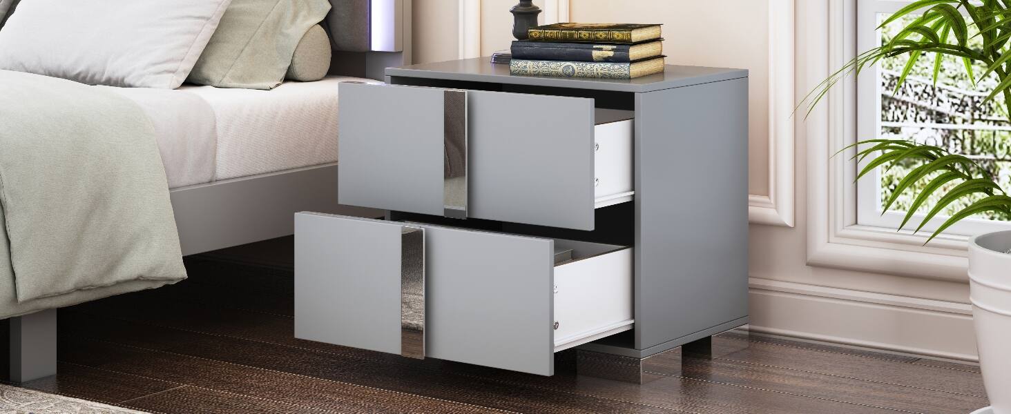 Alt View 7. Spaco - Spaco 2 Drawers Elegant Nightstand with Metal Foot, Mirrored Bedside Table for Bedroom, Living Room - Gray.